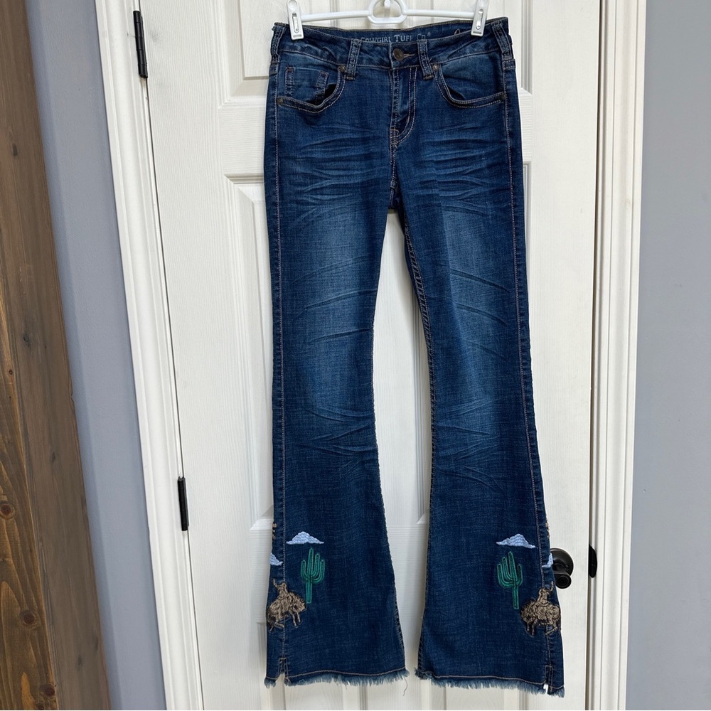 Cowgirl Tuff Oasis Jean Cactus Cowboy Rodeo Steer Embroider Bootcut Fringe 27x35